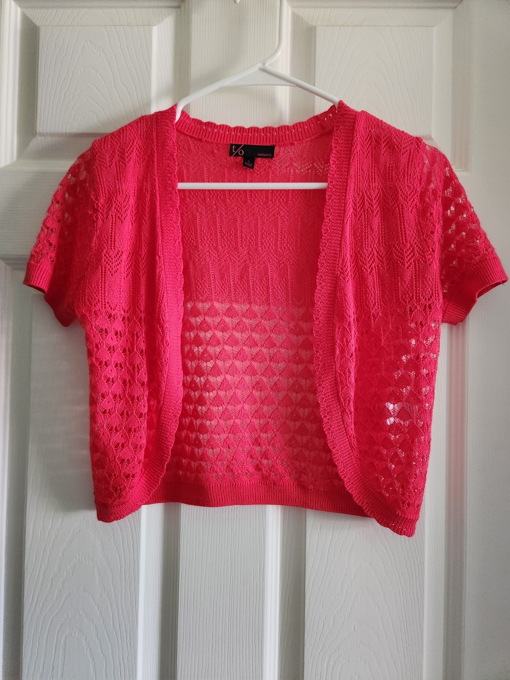 Open-Front Short Sleeve Cardigan in Bright Pinkish Red - Women's Sweater